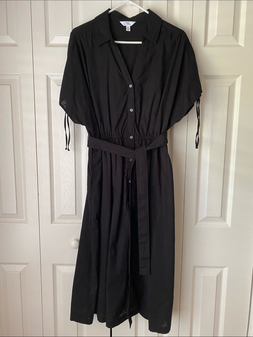 Time and Tru Black Button-Front Midi Dress with Waist Tie